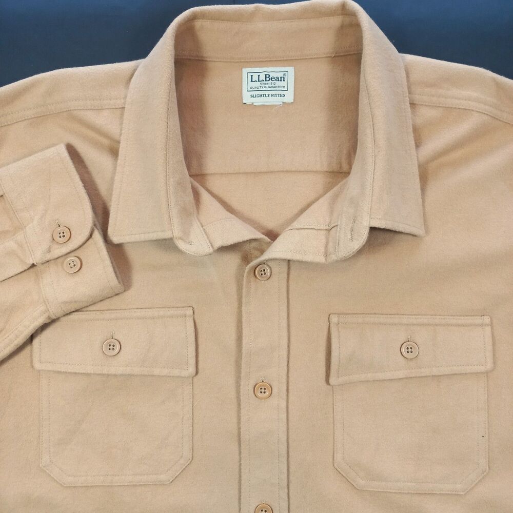 LL Bean Chamois Shirt Men XXL 2XL Slightly Fitted Tan Beige Heavy Cotton Flannel